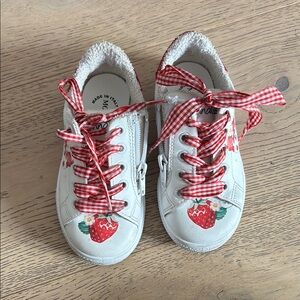 MonnaLisa White and Red Sneakers with Gingham Laces and Heart Accents